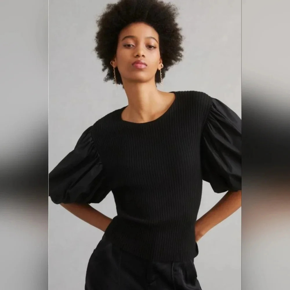 Anthropologie En Saison Womens Puff Sleeve Blouse Size‎ XS Open Back Knit